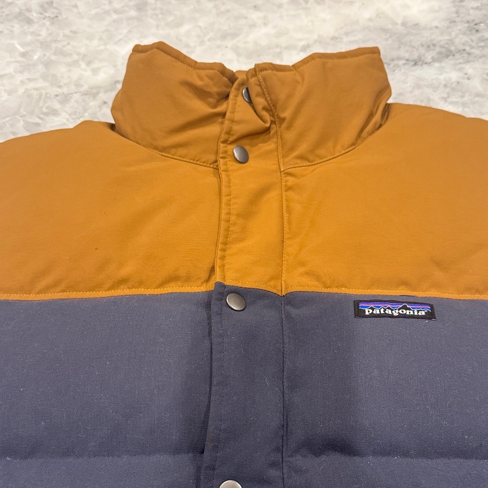 Patagonia Men’s Bivy Two-Tone Puffer Jacket in Mustard and Navy